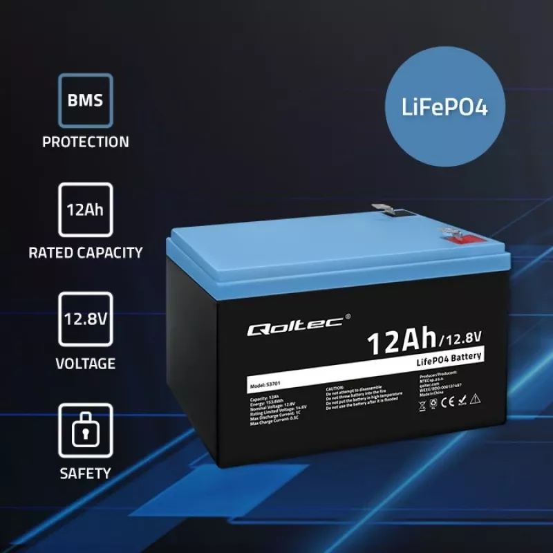 Bateria Qoltec LiFePO4 Fosfato de ferro-lítio 12,8 V 12 Ah 153,6 Wh com BMS