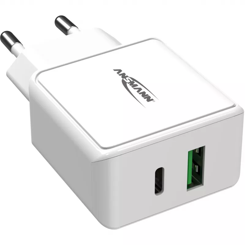 ANSMANN HC218PD - fonte de alimentação - 18 Watt - 3000 mA - PD, QC 3.0 - 2 portas de saída (USB, USB-C) - branco (1001-0111)