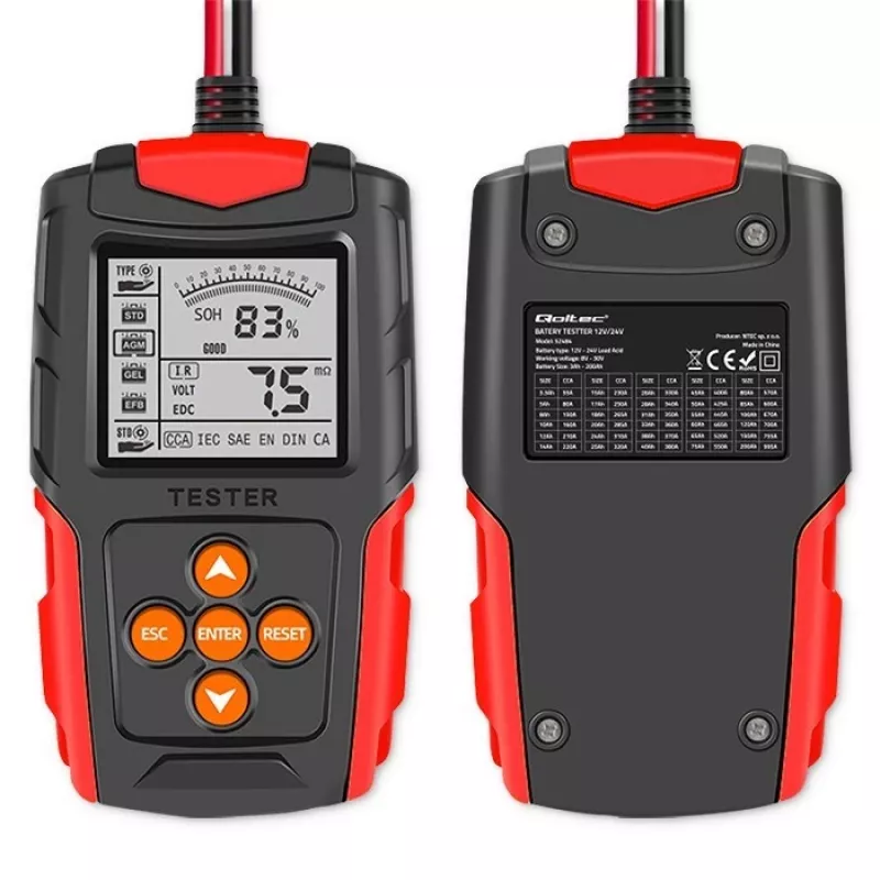Qoltec 52484 Testador de bateria digital LCD | 12V | 24V | 3Ah-200Ah