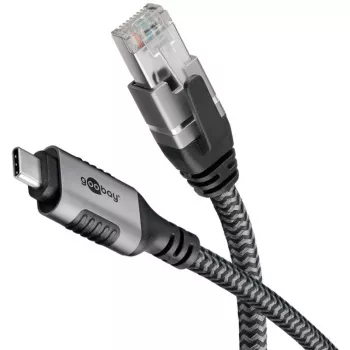 Cabo Ethernet USB-C 3.2 Gen2 macho > RJ-45 macho, adaptador LAN preto/prateado, 2 metros, revestimento têxtil entrançado