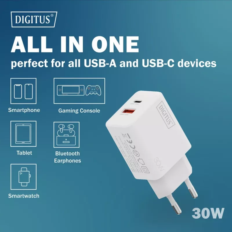 Carregador USB GaN de interior DIGITUS DA-10301 — 30W, 1× USB-C, 1× USB-A, 100–240V, branco