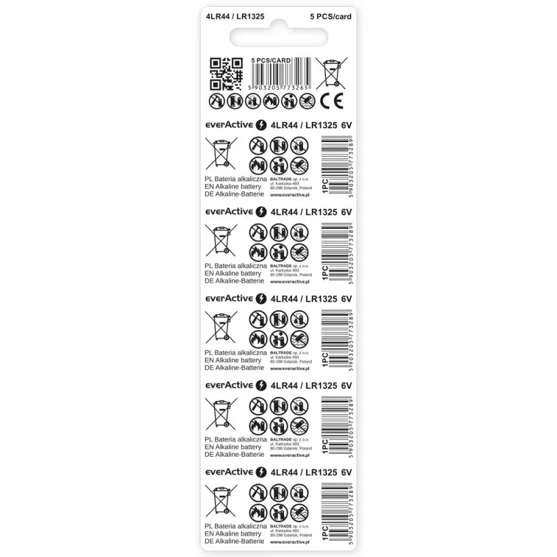 Pilhas botão alcalinas everActive LR44 1,5 V – pack de 5