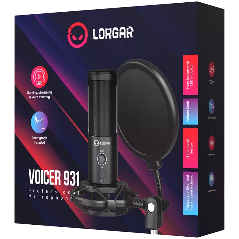 LORGAR Voicer 931, microfone gaming, preto, microfone condensador USB com suporte de braço articulado, filtro pop, tripé. Inclui 1* microfone, 1* suporte de braço articulado com grampo C, 1* amortecedor