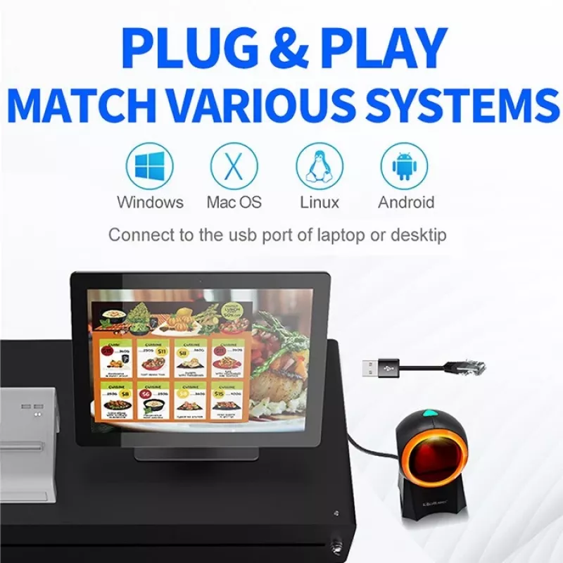 Qoltec 50857 leitor de códigos de barras de secretária com fio, 1D/2D, QR, USB, cabo de 1,75 m