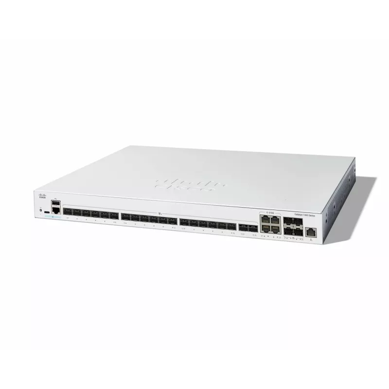 Cisco Catalyst C1300-24XS switch de rede gerido L2/L3, 24 portas (20x 10GE SFP+ + 4x 10GE uplinks partilhados), 480 Gbit/s, consola RJ-45/USB-C, tabela MAC de 16 000, montagem em rack, cinzento