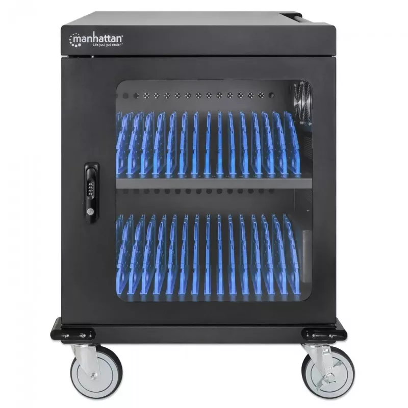 Carrinho/armário de carregamento para portáteis Manhattan com adaptador AC (UE) 32 compartimentos, instale o adaptador AC (cabo de alimentação) do dispositivo no dispositivo, adequado para TODOS os portáteis (até 15,6 polegadas), iPads, MacBooks, Chromebooks, outros dispositivos USB-C, compartimentos 380 x 30 x 280 mm, armário, com fecho