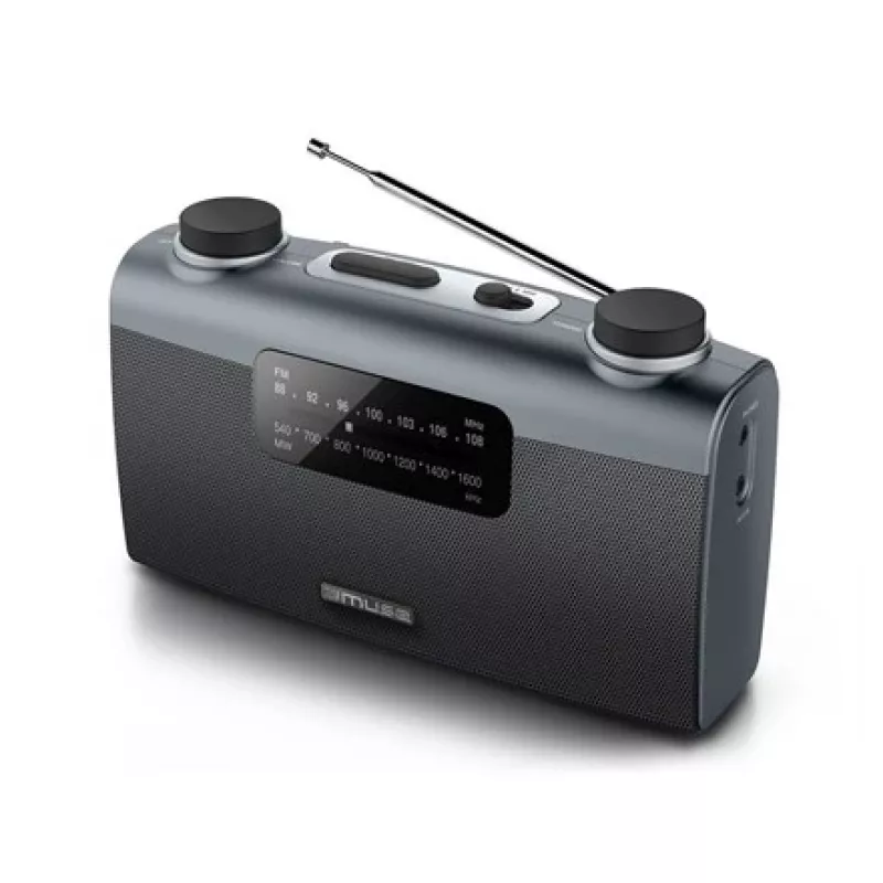 Rádio portátil Muse M-058 R — AM/FM, controlo de volume por botão rotativo, a pilhas ou corrente (230V, 50Hz), Preto/Cinzento