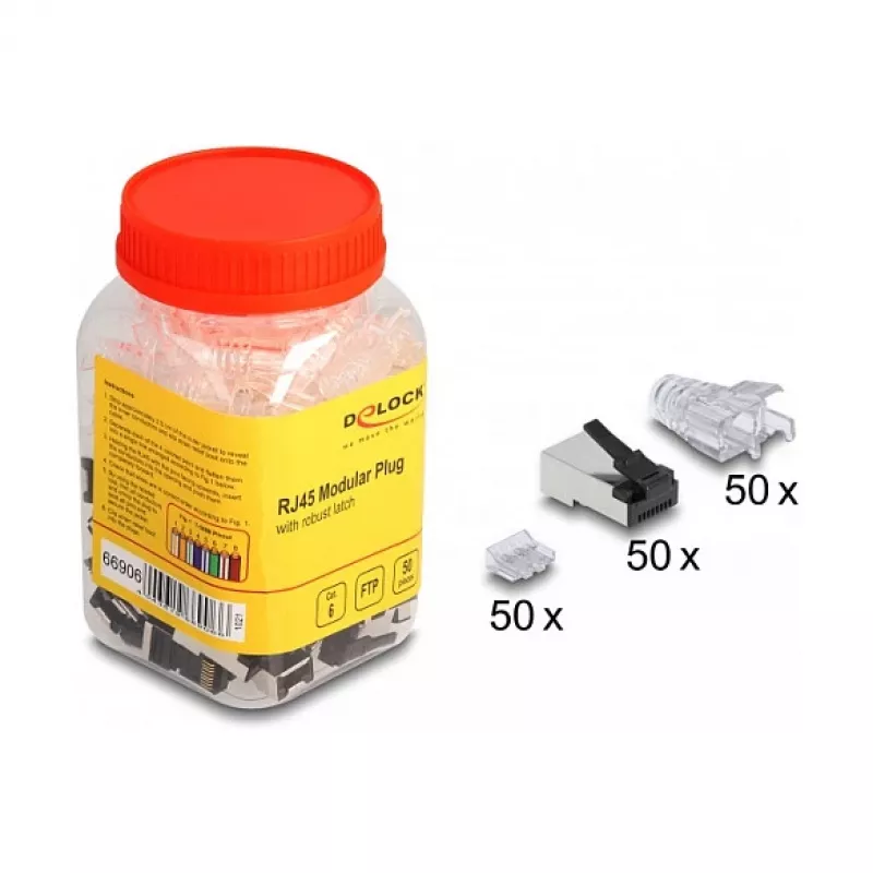 Ficha modular RJ45 DeLOCK Cat.6 50 unid. conjunto com gatilho robusto