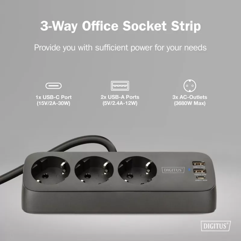 Extensão elétrica DIGITUS 3 tomadas com 2×USB-A & 1×USB-C, 3 tomadas AC tipo E/F, cabo de 1,5 m, preto