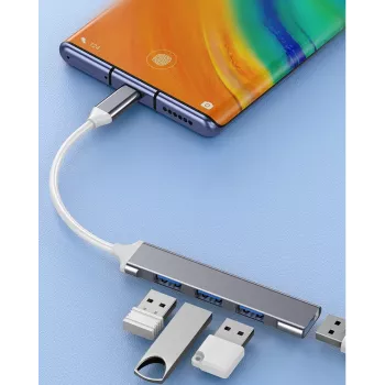 Hub USB VAKOSS TC-4125X — 1× USB 3.0 Type-A, 3× USB 2.0 Type-A, Host: USB Type-C, prateado