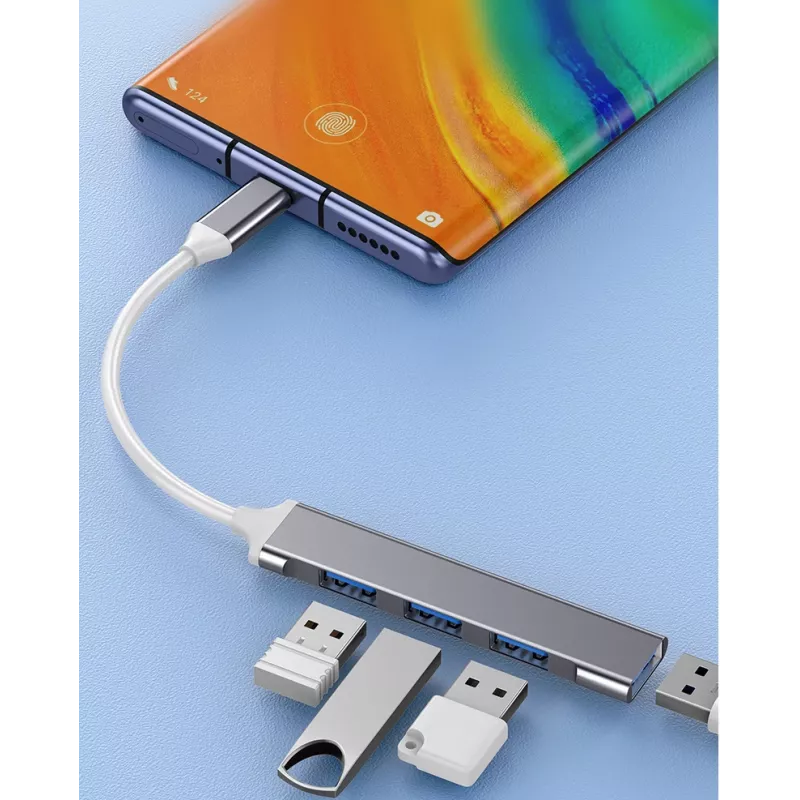 Hub USB VAKOSS TC-4125X — 1× USB 3.0 Type-A, 3× USB 2.0 Type-A, Host: USB Type-C, prateado