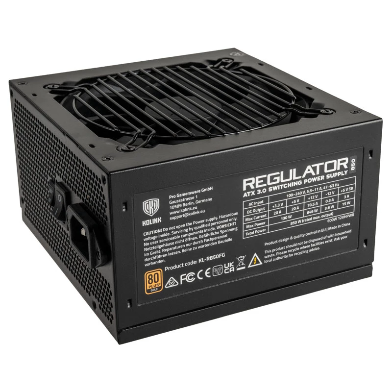 Fonte de alimentação Kolink Regulator 80 PLUS Gold, ATX 3.0, PCIe 5.0, modular - 850 Watt