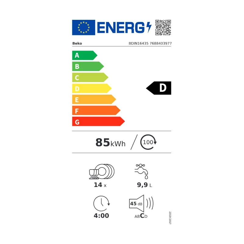 Máquina de lavar loiça de encastrar BEKO BDIN16435, classe D, SelfDry, luz LED