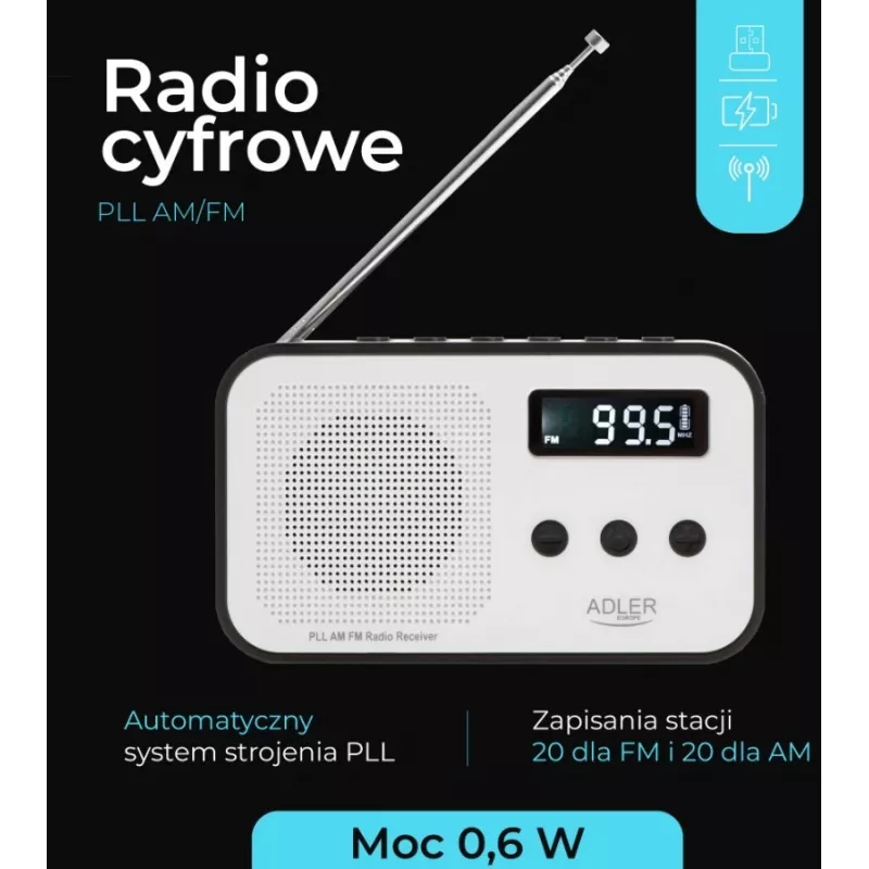 Adler AD 1907 rádio digital PLL, AM/FM, 40 estações pré-definidas, alarme com soneca, USB-C, bateria recarregável integrada, ficha de 3,5 mm, branco/preto