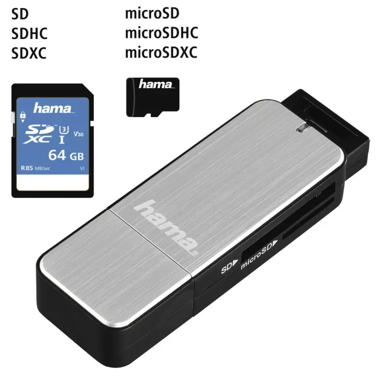 Hama 123900 leitor de cartões USB 3.0 SD/microSD, alumínio, preto/prateado