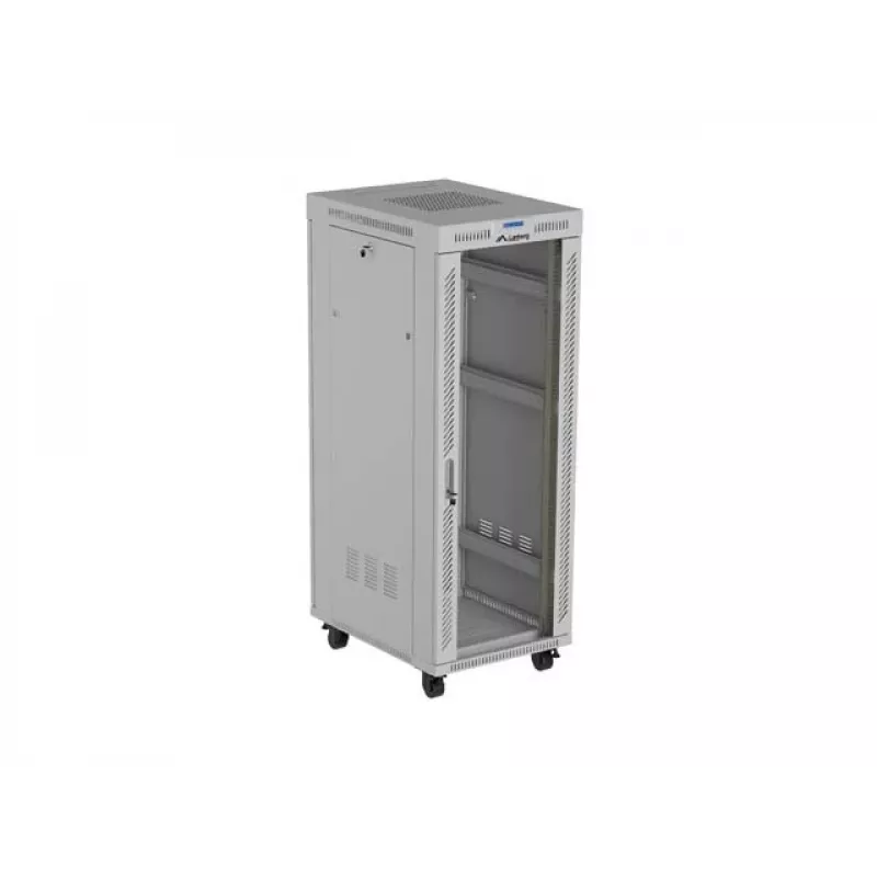 Armário rack de chão LANBERG 19 polegadas 32HE 600×800 mm cinzento com porta de vidro e LCD (embalagem plana)