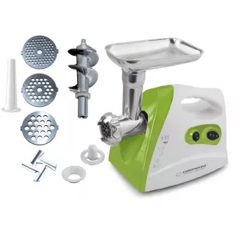 Picadora de carne ESPERANZA EKM012G — 600 W, lâmina de aço inoxidável, funil para salsichas, acessório para kebbe, marcha atrás, pés antiderrapantes, branco/verde