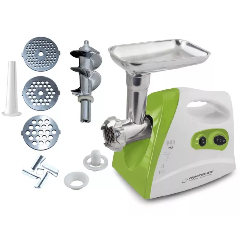 Picadora de carne ESPERANZA EKM012G — 600 W, lâmina de aço inoxidável, funil para salsichas, acessório para kebbe, marcha atrás, pés antiderrapantes, branco/verde