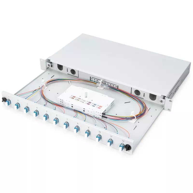 CAIXA DE FUSÃO DE FIBRA ÓTICA LC OS2 1U 12XLC OS2 PIGTAILS ACOPLADOR