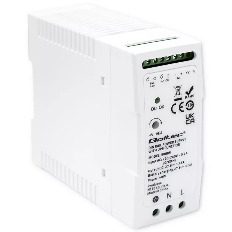 Qoltec 50885 Fonte de alimentação estável para calha DIN com função UPS | 40W