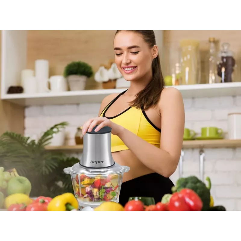 Beper P102ROB001 picador de alimentos, recipiente de vidro de 1,5 l, 500 W, 2 velocidades, 4 lâminas de aço inoxidável, aço inoxidável / preto