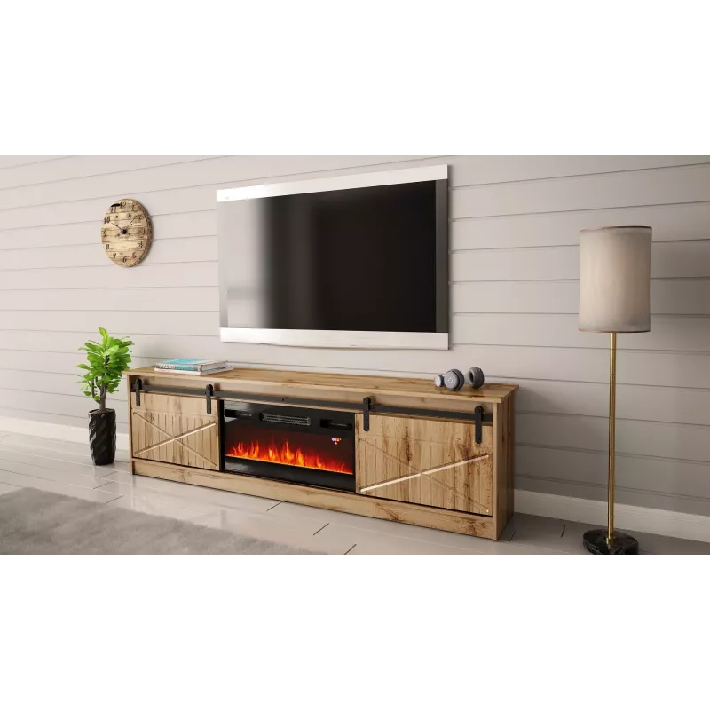 Móvel de TV Cama Meble GRANERO com móvel de lareira, carvalho Wotan, 2000×350×567 mm, 2 portas, 2 prateleiras