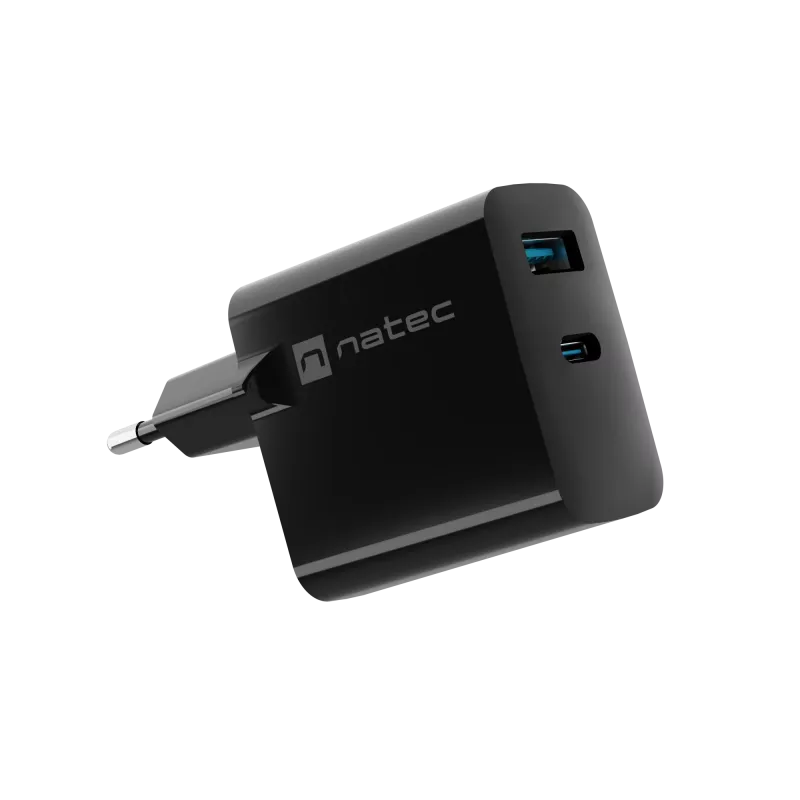 Carregador com fios para dispositivos móveis NATEC NUC-2143, 45 W, USB-C PD 3.0 + USB-A QC 3.0, 110–240 V, preto