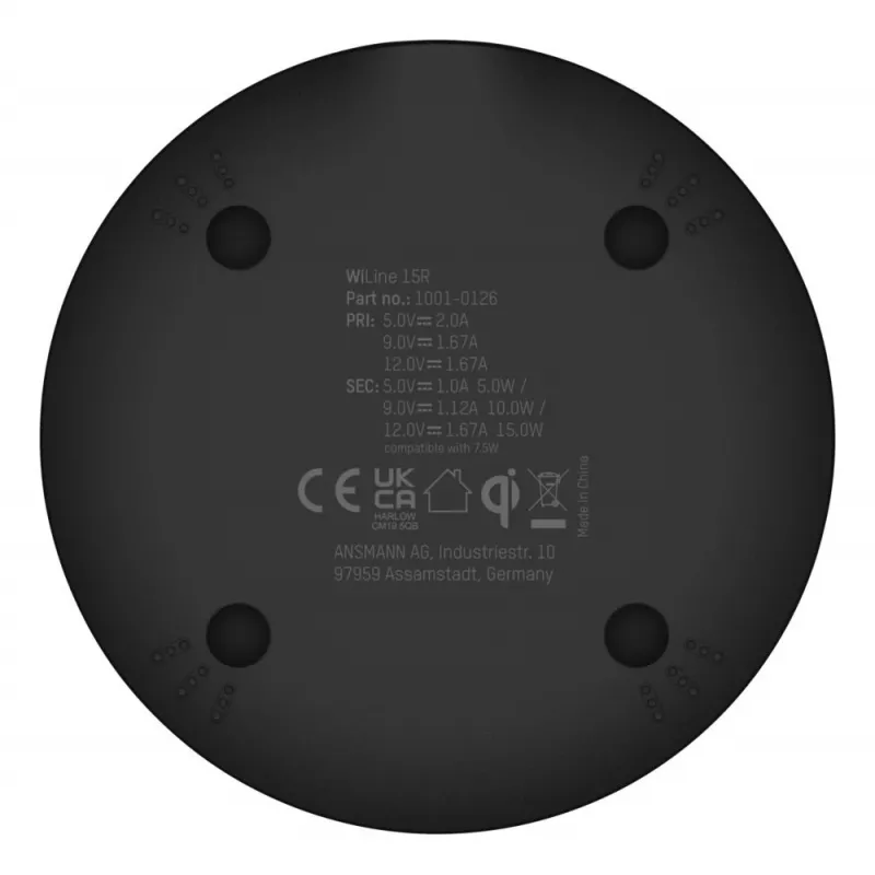 Carregador sem fios Ansmann WiLine 15R smartphone preto USB interior 9V