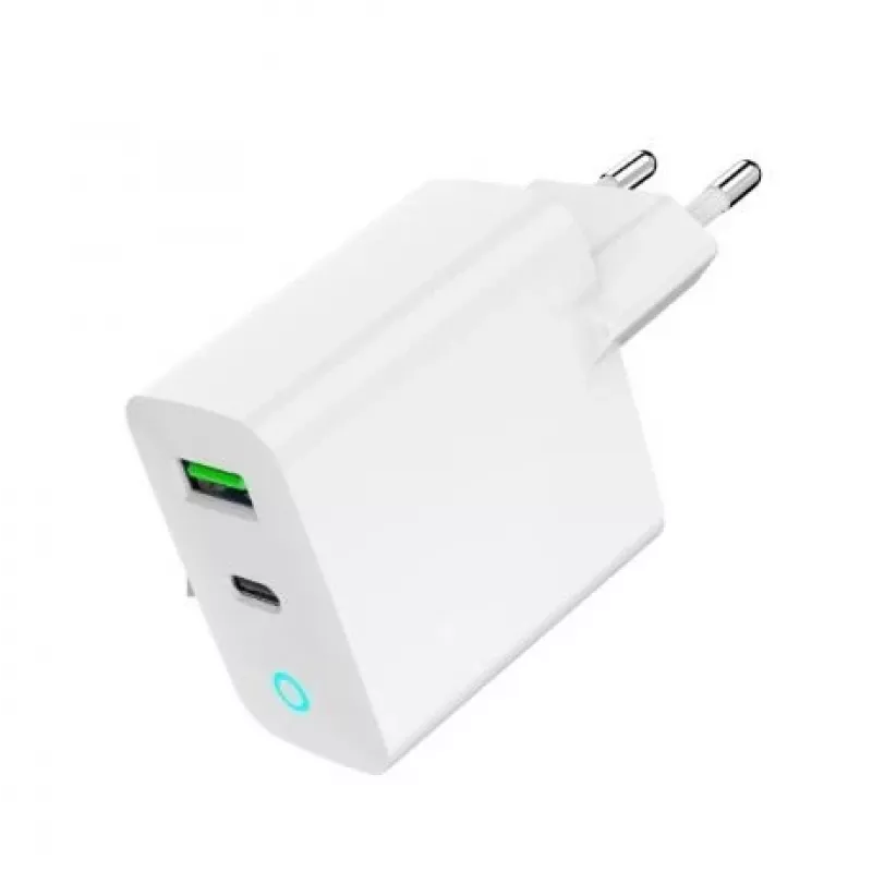 Carregador de rede 220V GEMBIRD, universal, 1x USB Type-C PD 20 W, 1x USB-A 3.0 QC 18 W, indicador LED, branco