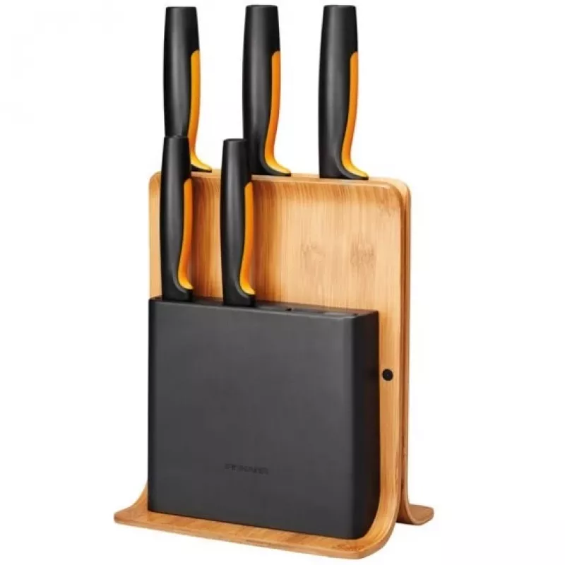 Fiskars Functional Form 1057552 conjunto de facas com bloco de bambu, 5 facas, aço inoxidável, preto/laranja