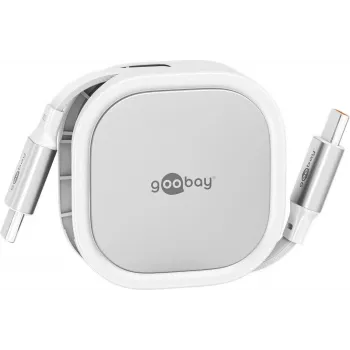 Cabo USB-C retrátil goobay Wentronic branco/prateado 15W em caixa robusta – cabo – digital/dados (77425)