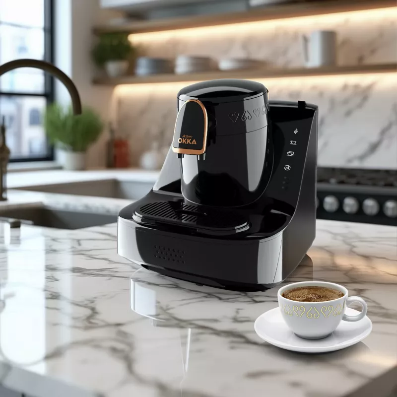 Okka Elite, Cafeteira de moca preta/cobre, modelo 2025