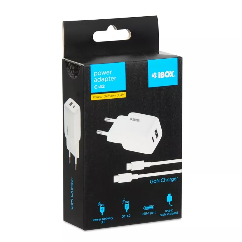 Carregador USB IBOX ILUC42W 42W (máx. 33W), 1×USB-C PD3.0, 1×USB-A QC3.0, 100–240V, branco