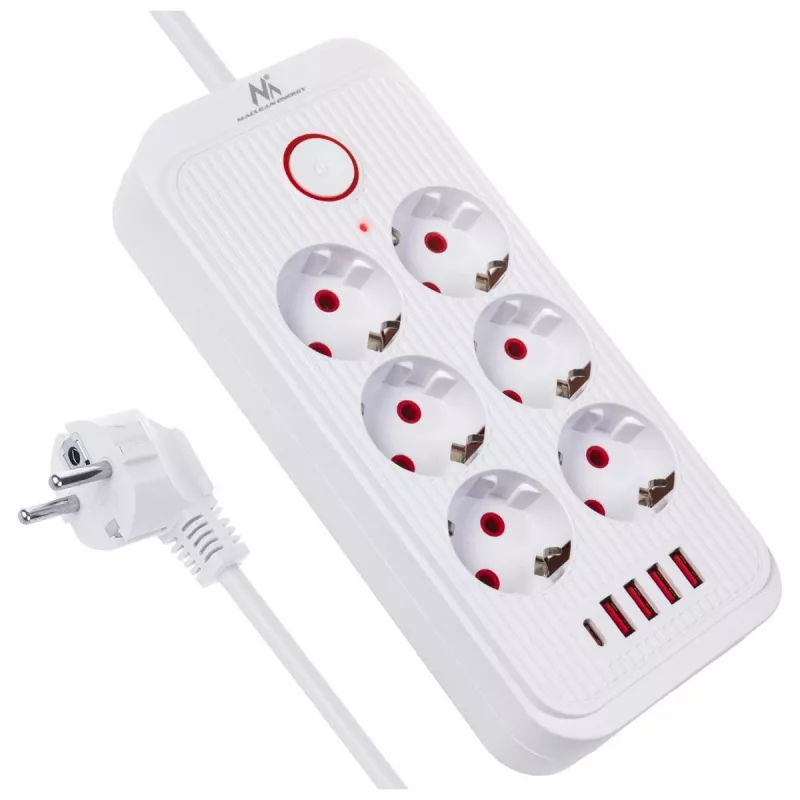 Extensão elétrica MACLEAN MCE389 W — 6 tomadas, 4×USB-A, 1×USB-C, 2500W, 110–240V, cabo de 1,5 m, branco