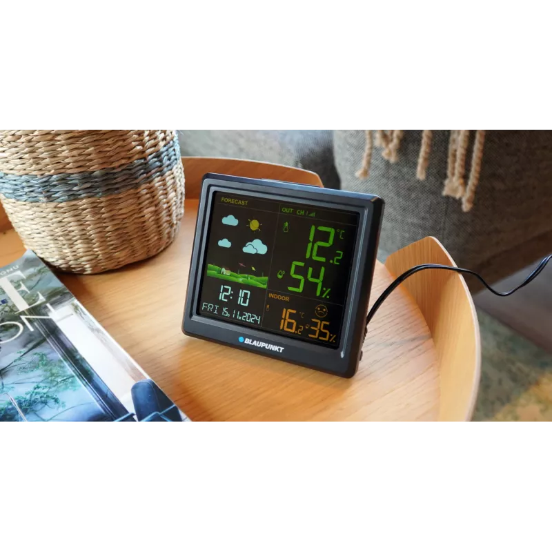 Estação meteorológica BLAUPUNKT WS25BK — Monitor de temperatura e humidade interior/exterior, preto, 1 sensor, ecrã LCD