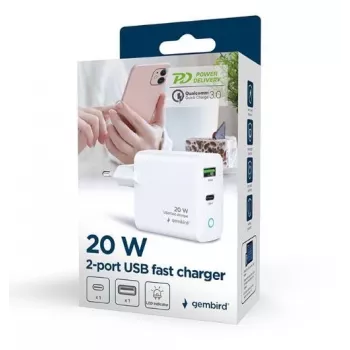 Carregador de rede 220V GEMBIRD, universal, 1x USB Type-C PD 20 W, 1x USB-A 3.0 QC 18 W, indicador LED, branco