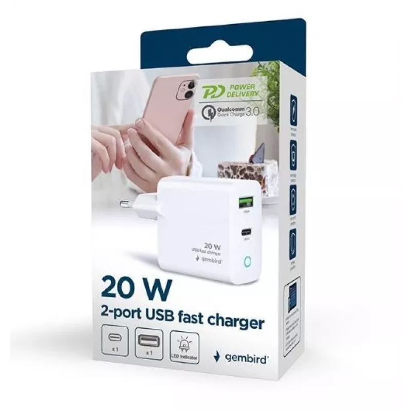 Carregador de rede 220V GEMBIRD, universal, 1x USB Type-C PD 20 W, 1x USB-A 3.0 QC 18 W, indicador LED, branco