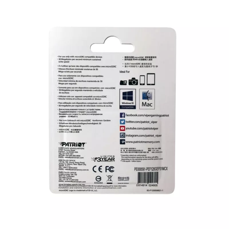 Cartão de memória microSDXC PATRIOT 128 GB Classe 10 U3 V30, leitura 100 MB/s, escrita 80 MB/s, microSDXC