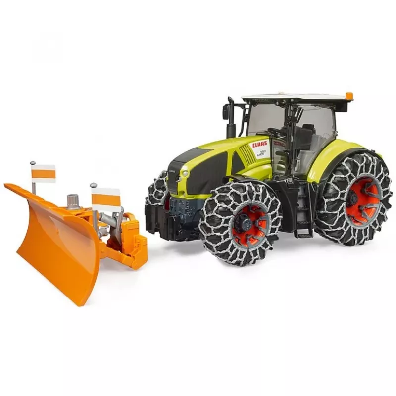Trator de brinquedo BRUDER Claas Axion 950 com correntes de neve e pá de neve, modelo à escala