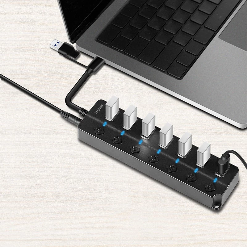 Hub USB 3.2 Gen 1, 7 portas com interruptor ligar/desligar, preto