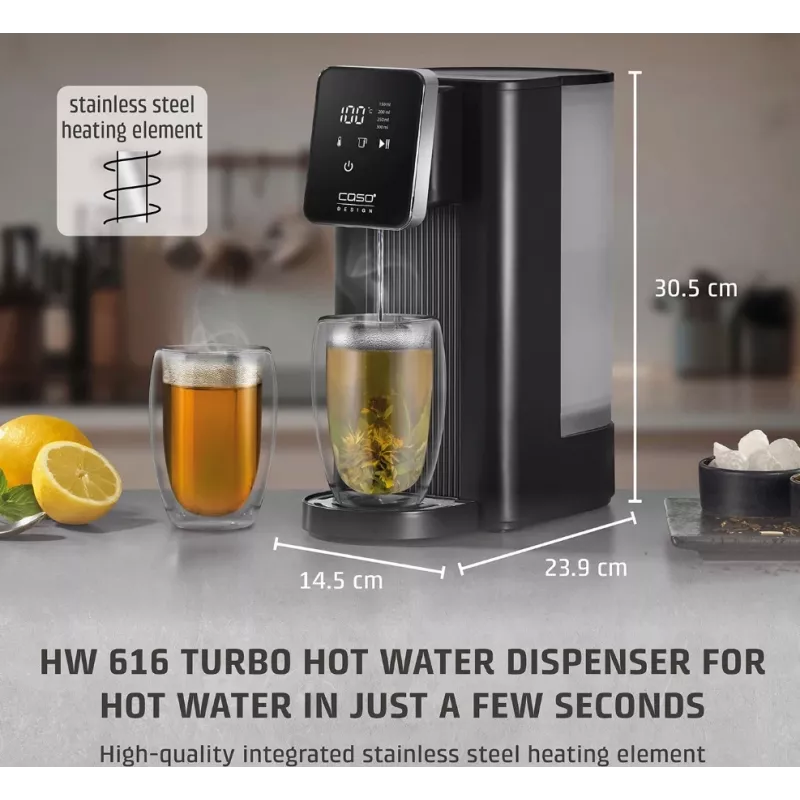 Dispensador de água quente Caso Turbo | HW 616 | dispensador de água | 2600 W | 2,5 L | plástico/aço inoxidável | preto/aço inoxidável