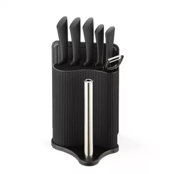 Conjunto de bloco de facas e talheres Maestro MR-1413 – preto, 8 peças, lâminas de aço inoxidável com suporte, porta-rolos de papel