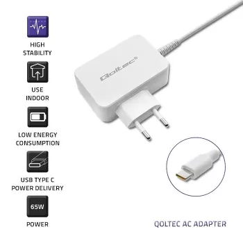 Fonte de alimentação QOLTEC 51039 65W AC-to-DC 220–240V 20.3V/3.25A Type-C branco, cabo de 1,7 m