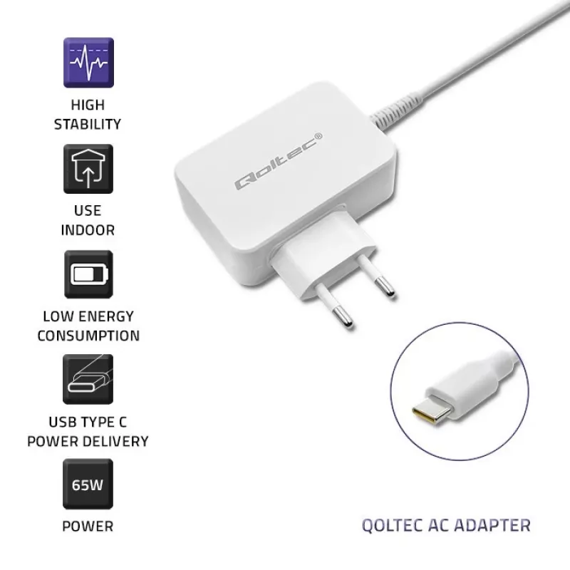 Qoltec 51039 adaptador de corrente 65 W USB-C PD, 5–20,3 V, 2–3,25 A, cabo USB-C integrado, branco
