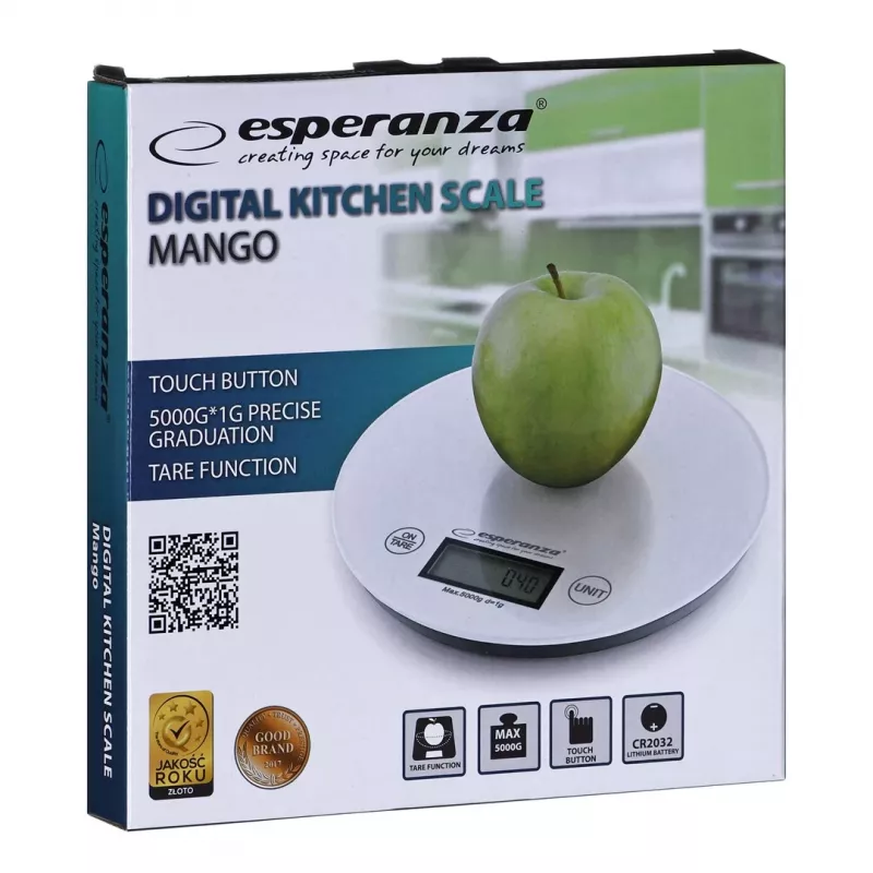 Balança de cozinha eletrónica ESPERANZA EKS003W, capacidade 5 kg, precisão 1 g, vidro temperado, controlo tátil