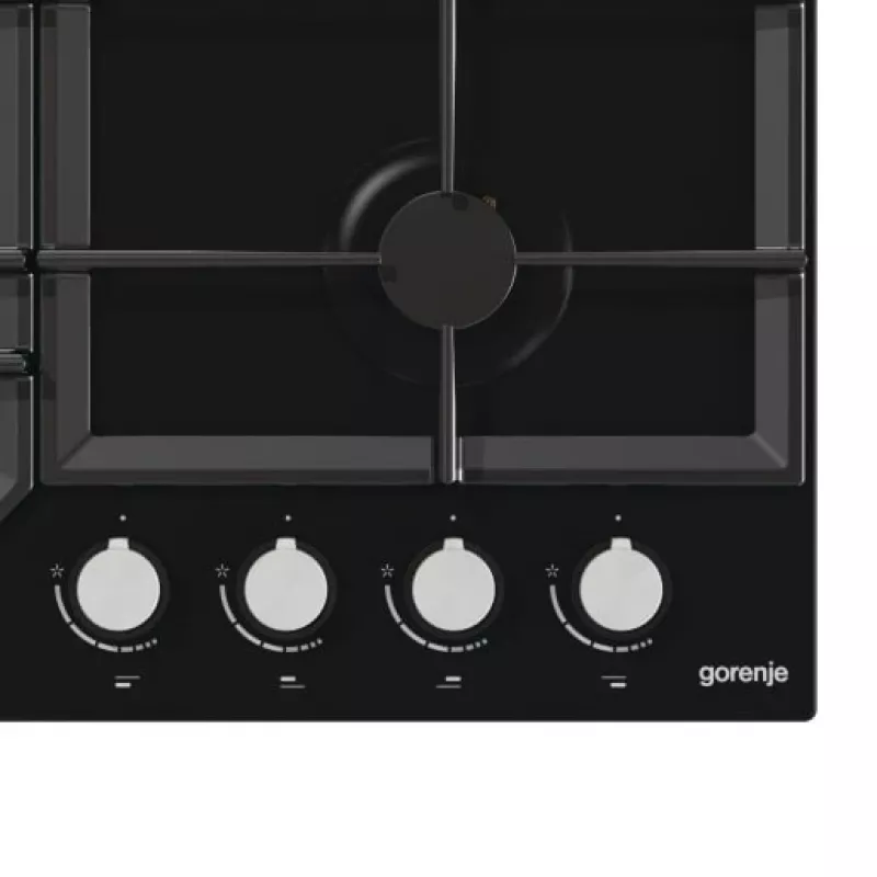 Fogão a gás Gorenje GT641KB, encastrar 60 cm, 4 zonas a gás, vidro temperado, grelhas de ferro fundido, botões rotativos