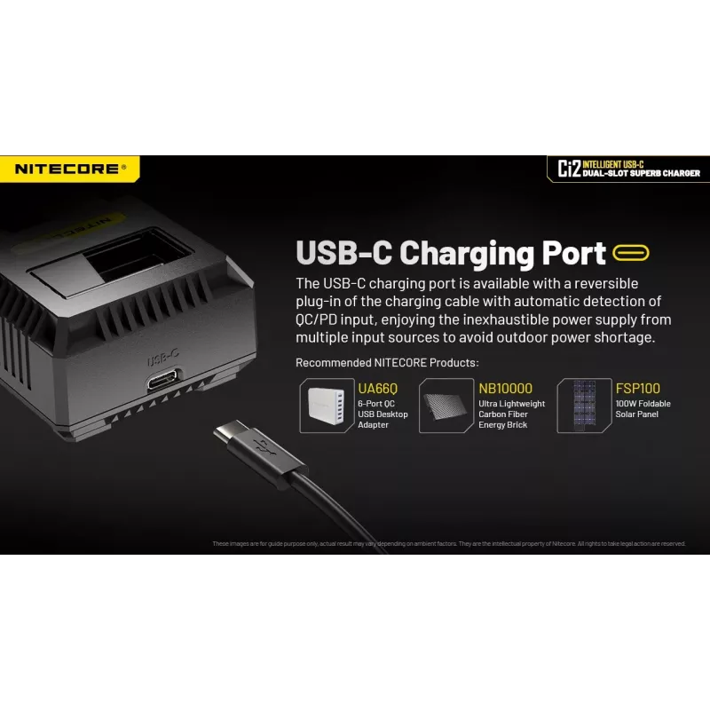 Carregador de baterias Nitecore Ci12 carregador USB universal para Li‑Ion, NiCd, NiMH, entrada 3A 5/9/12V, caixa de plástico