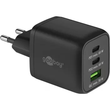 Carregador rápido USB-C Nano, PD, GaN, 65 Watt, cabo trançado USB-C (preto, 1x USB-A, 2x USB-C PD, Quick Charge 3.0, cabo de 1 metro)