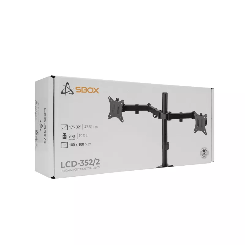 Suporte de parede para monitor SBOX LCD-352/2-2 para ecrãs de 13–32 polegadas, braço duplo, carga 2×8 kg, VESA 100×100
