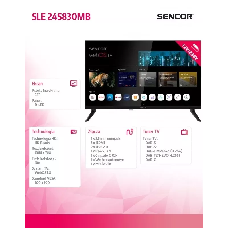 Televisor LED Smart 24 polegadas SENCOR SLE 24S830MB — resolução HD, classe de eficiência energética E